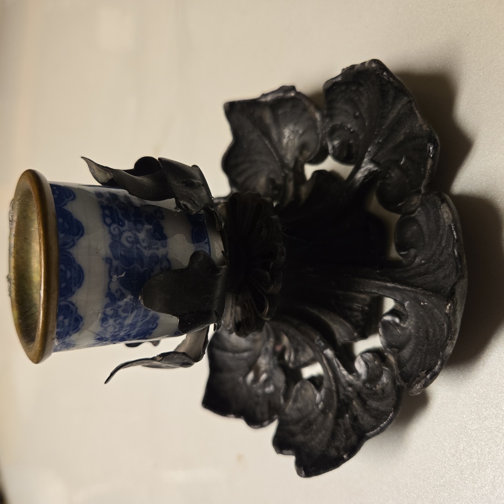 Antique Blue & White Porcelain Cast Iron Candle Holder - Picture 4 of 6